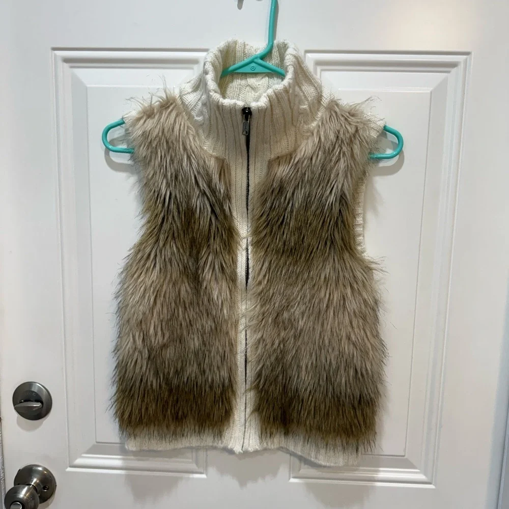 Justice Cream Knit Vest with Brown Faux Fur Front